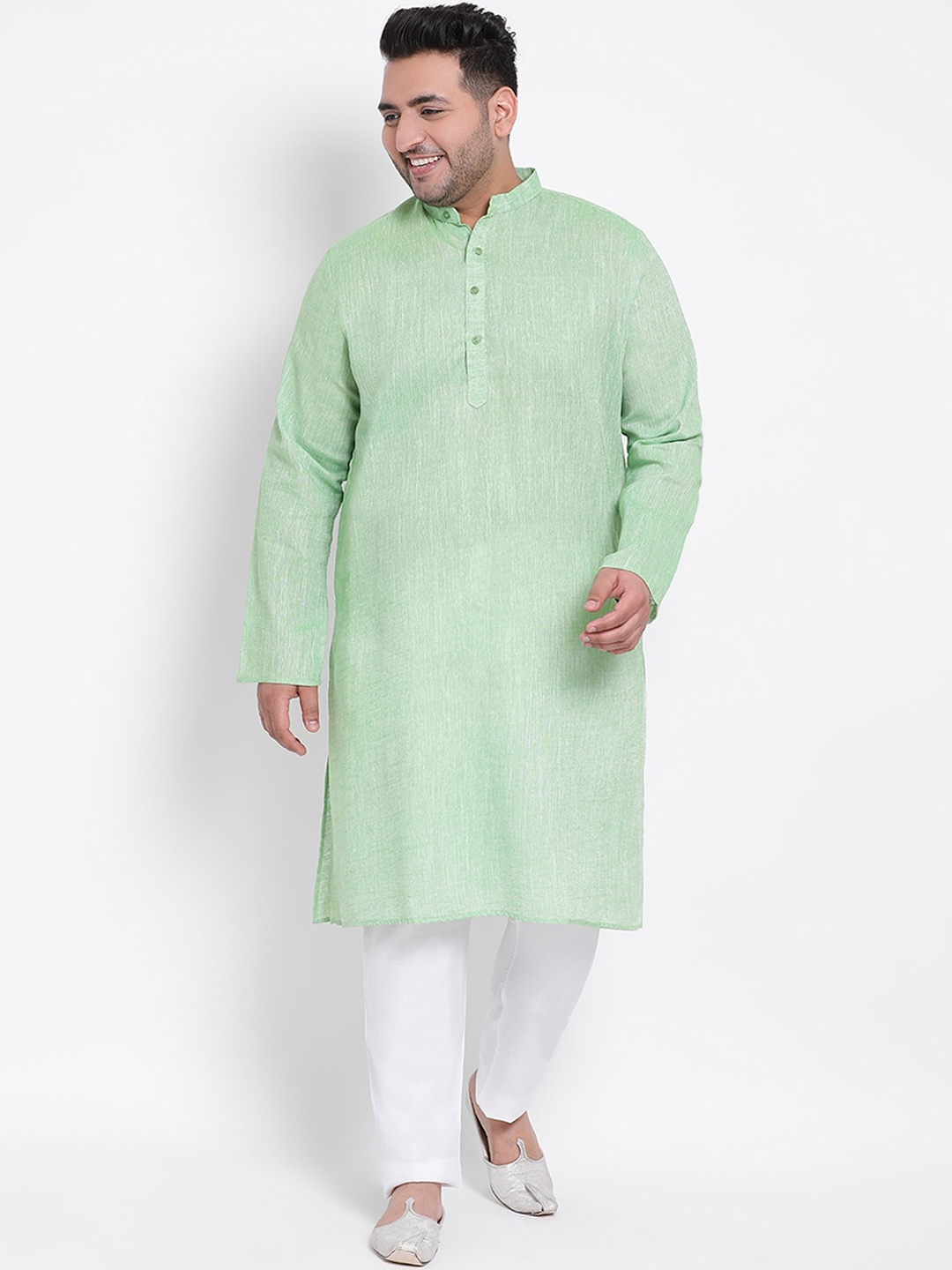 

hangup plus Men Green Linen Kurta with Pyjamas