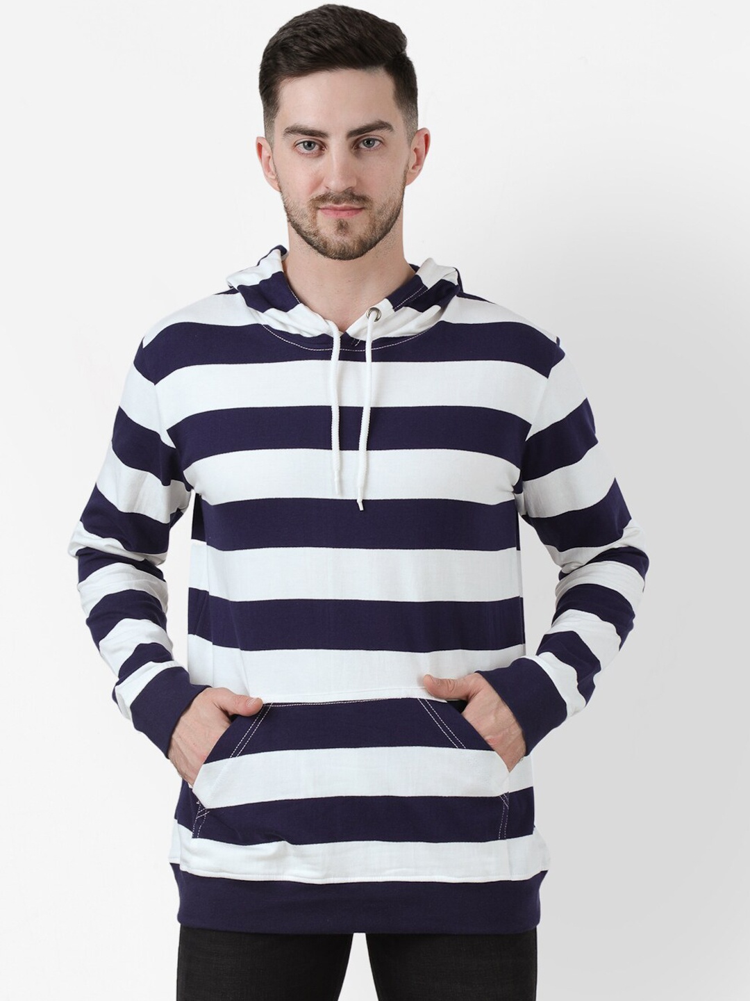 

PAUSE SPORT Men Blue Striped Hooded Sweatshirt