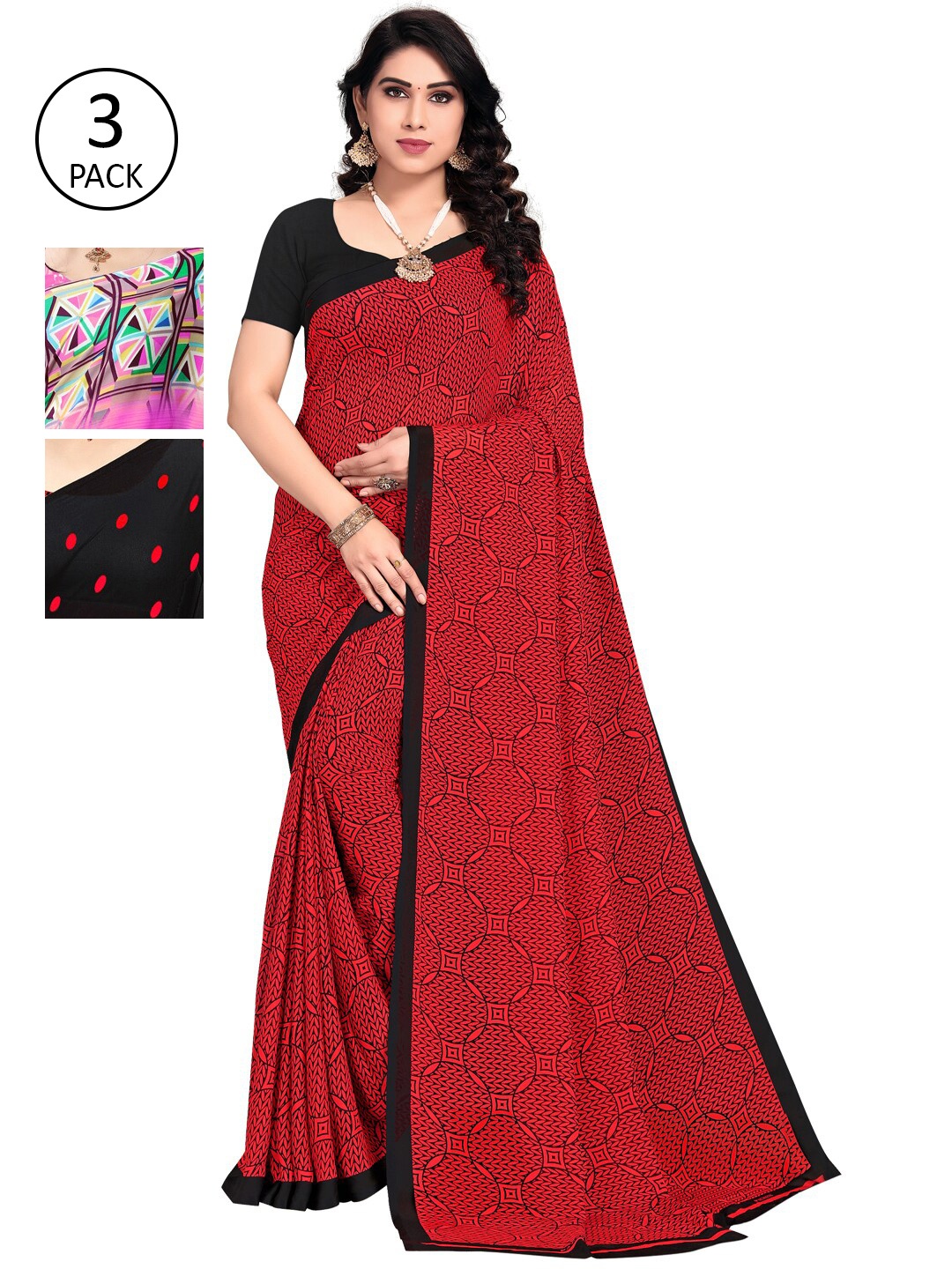

KALINI Pack of 3 Poly Georgette Saree, Pink