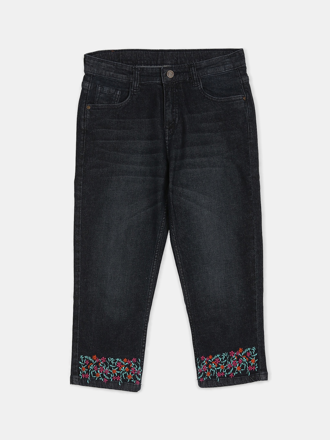 

Cherokee Girls Blue Pure Cotton Mid Rise Self Design Denim Capris