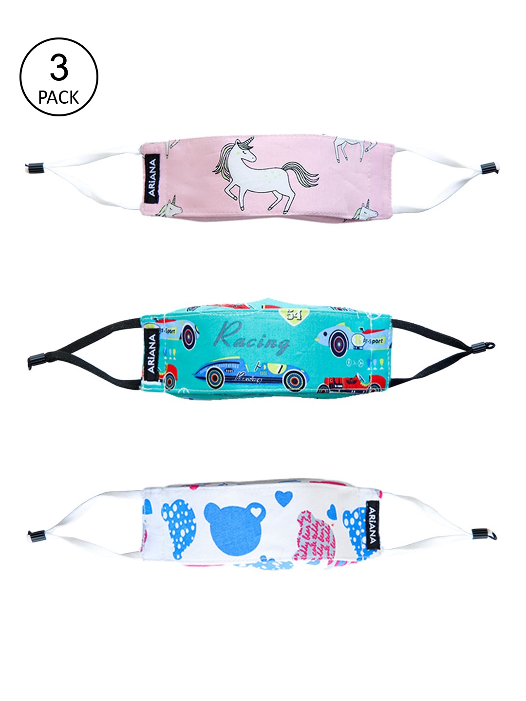 Ariana Kids Pack Of 3 Printed 7-Ply 3-D Outdoor Cloth Face Masks, White