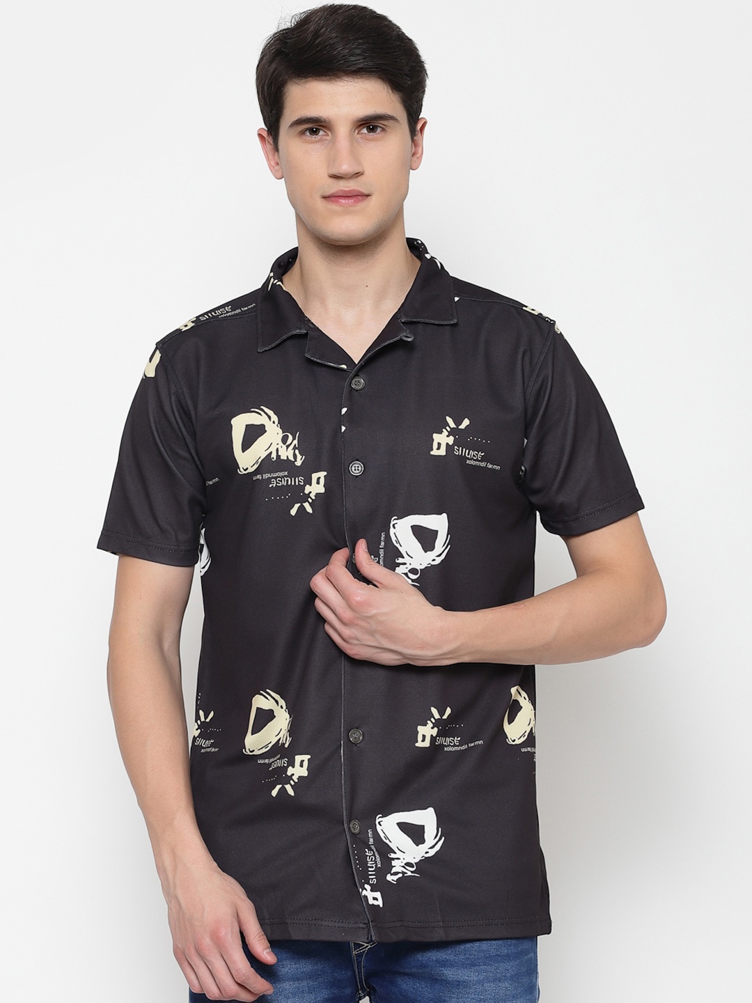 

PAUSE SPORT Men Black Abstract Printed Classic Slim Fit Casual Shirt