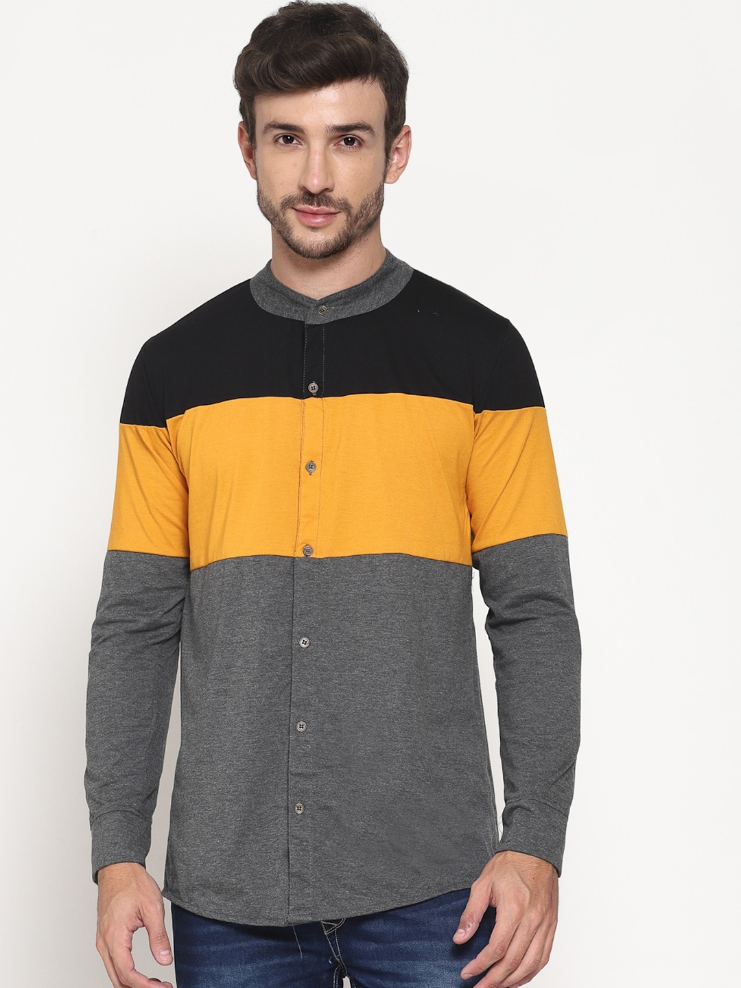 

PAUSE SPORT Men Grey & Yellow Colourblocked Regular Fit Casual Shirt