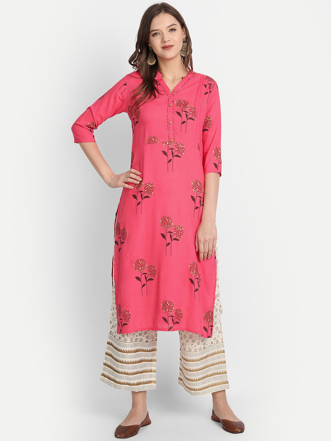

Anubhutee Women Pink & Off White Floral Printed Kurta with Palazzos