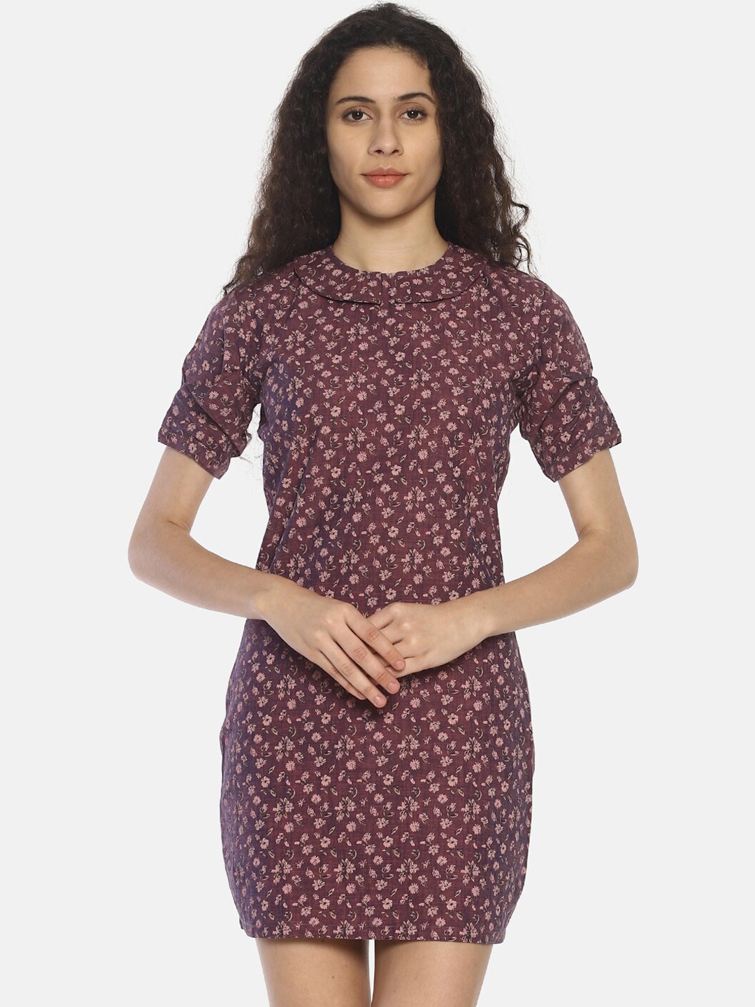 

COUPER & COLL Pink & Maroon Floral Printed Sheath Dress