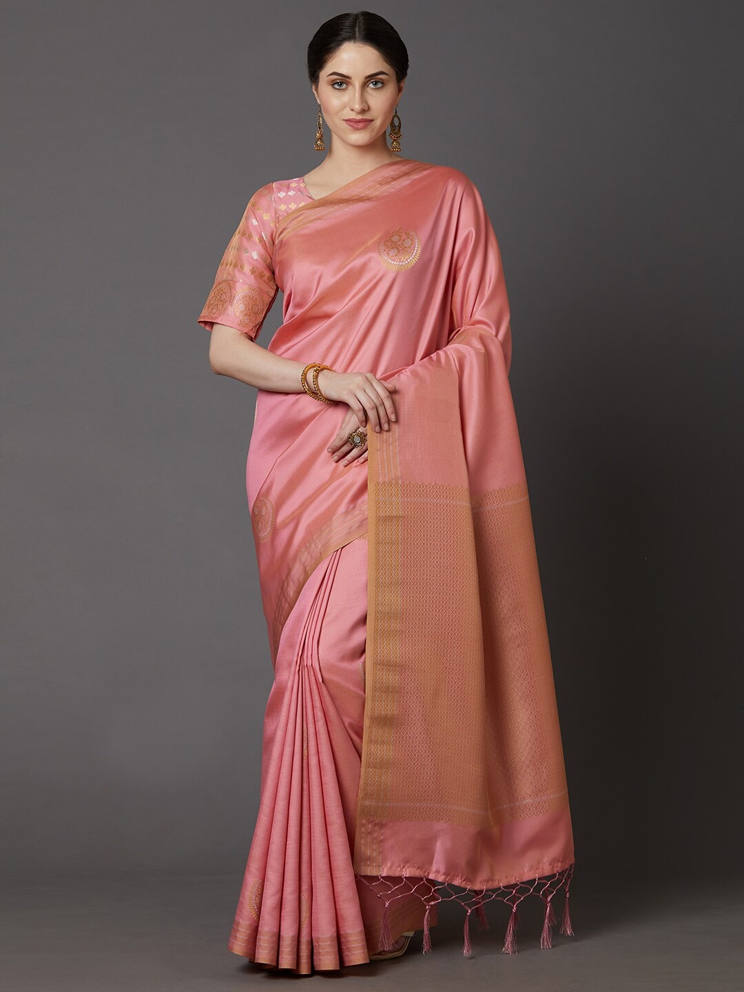

Mitera Pink & Gold-Toned Woven Design Silk Blend Dharmavaram Saree