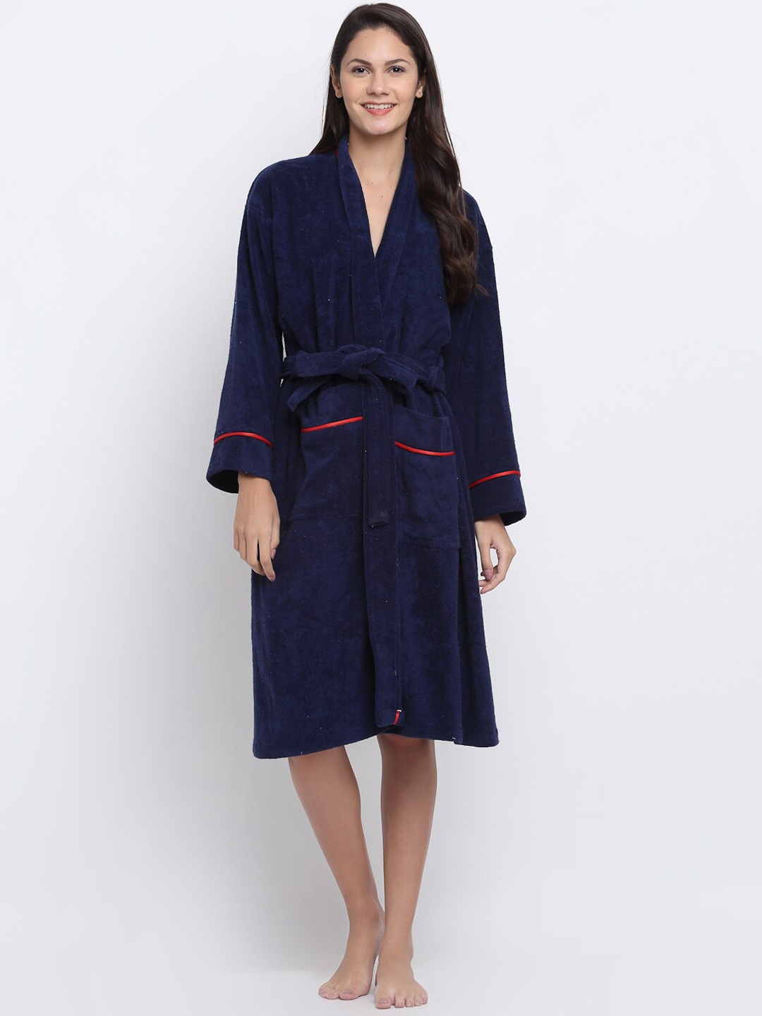 ELEVANTO Women Navy-Blue Solid Bathrobe