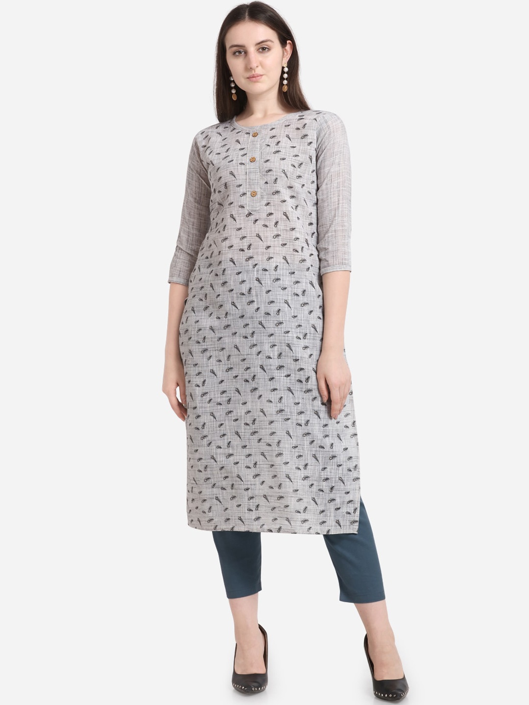 

Kvsfab Women Grey & Black Printed Straight Kurta