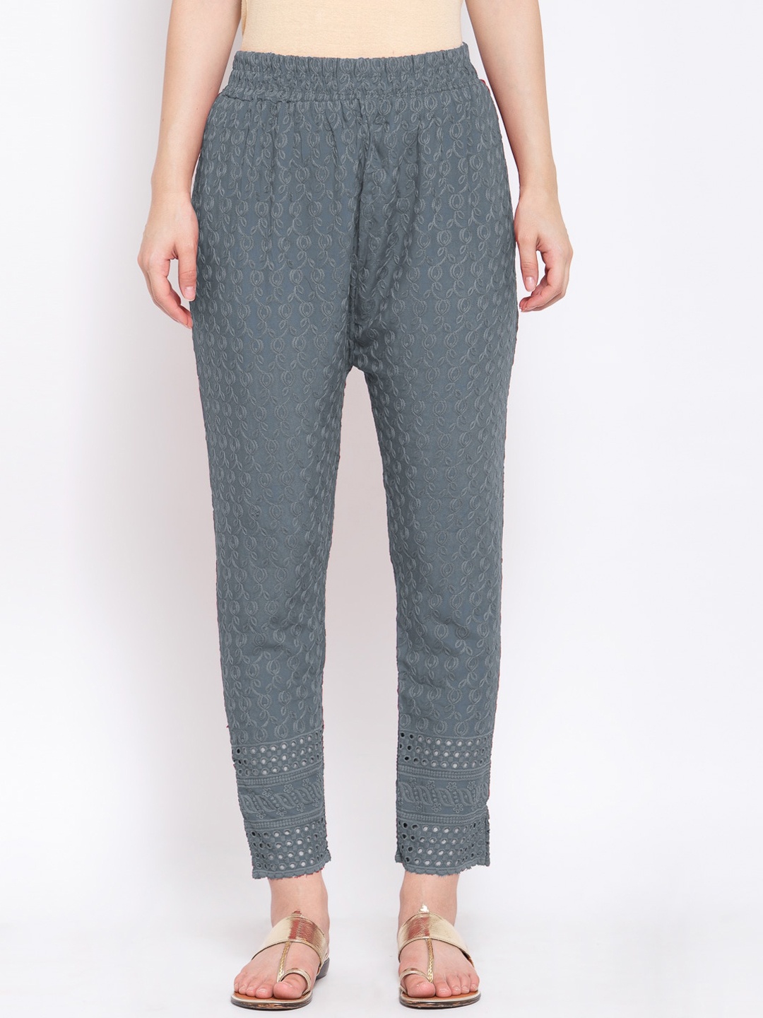 

KLOTTHE Women Grey Floral Embroidered Smart Slim Fit Cotton Blend Cigarette Trousers