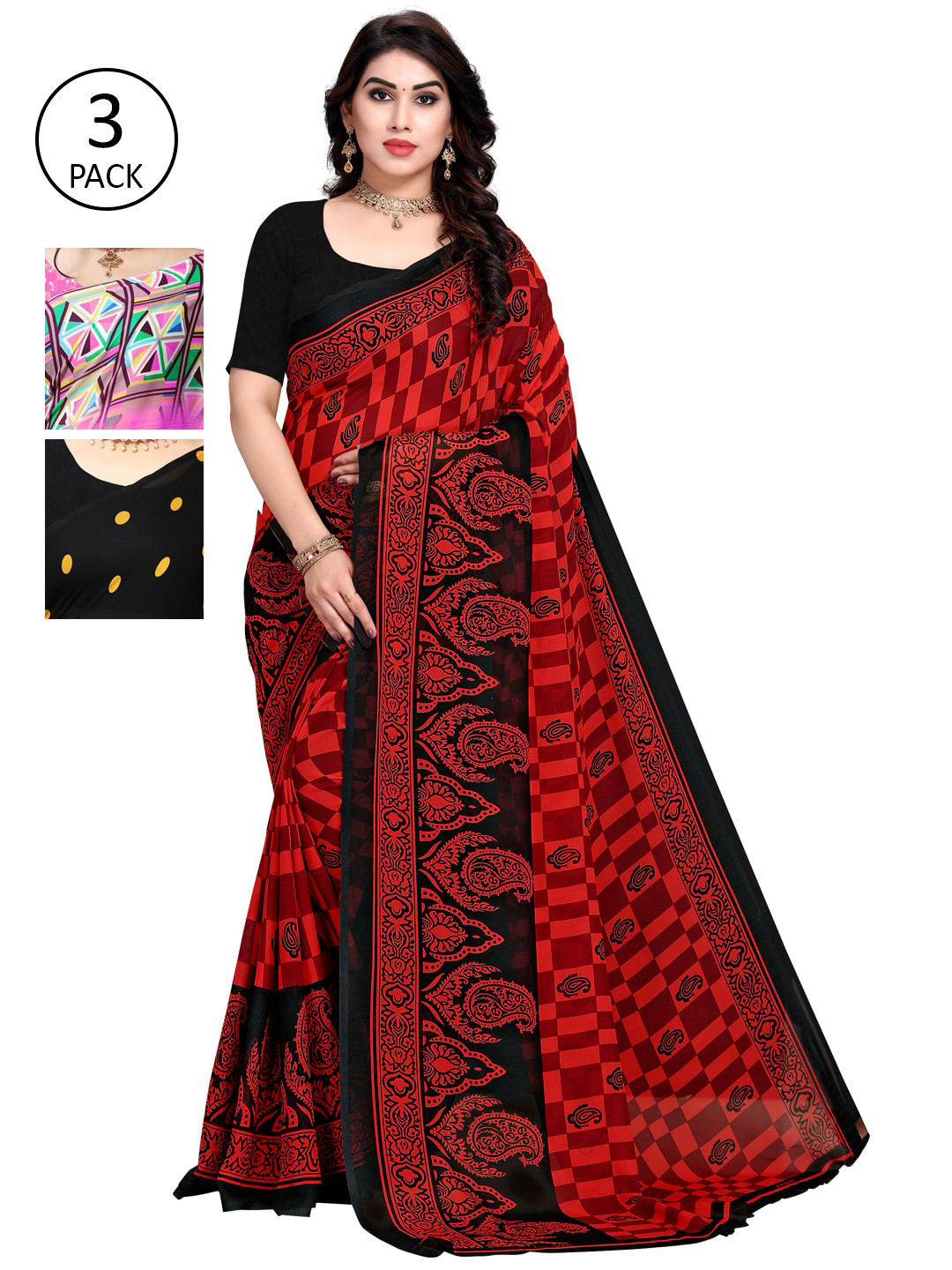 

KALINI Pack of 3 Poly Georgette Saree, Pink