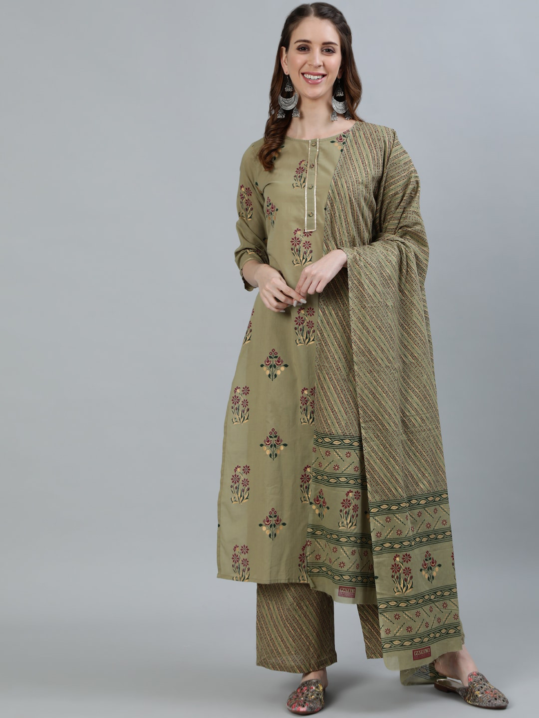 

Nayo Women Olive Embroidered Layered Pure Cotton Kurti with Trousers & With Dupatta