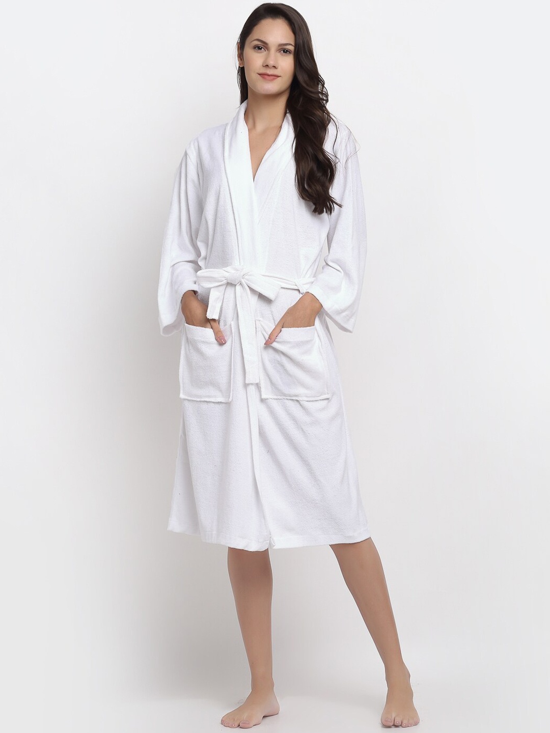

ELEVANTO Women White Solid Pure Cotton 180 GSM Bath Robe