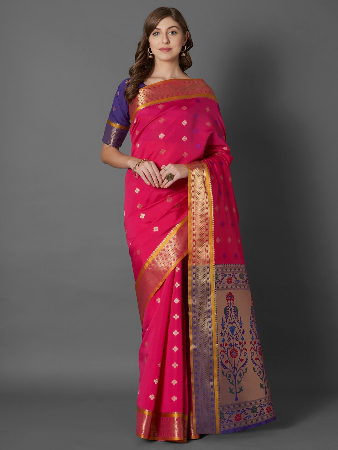 

Mitera Pink & Blue Ethnic Motifs Zari Silk Blend Banarasi Saree