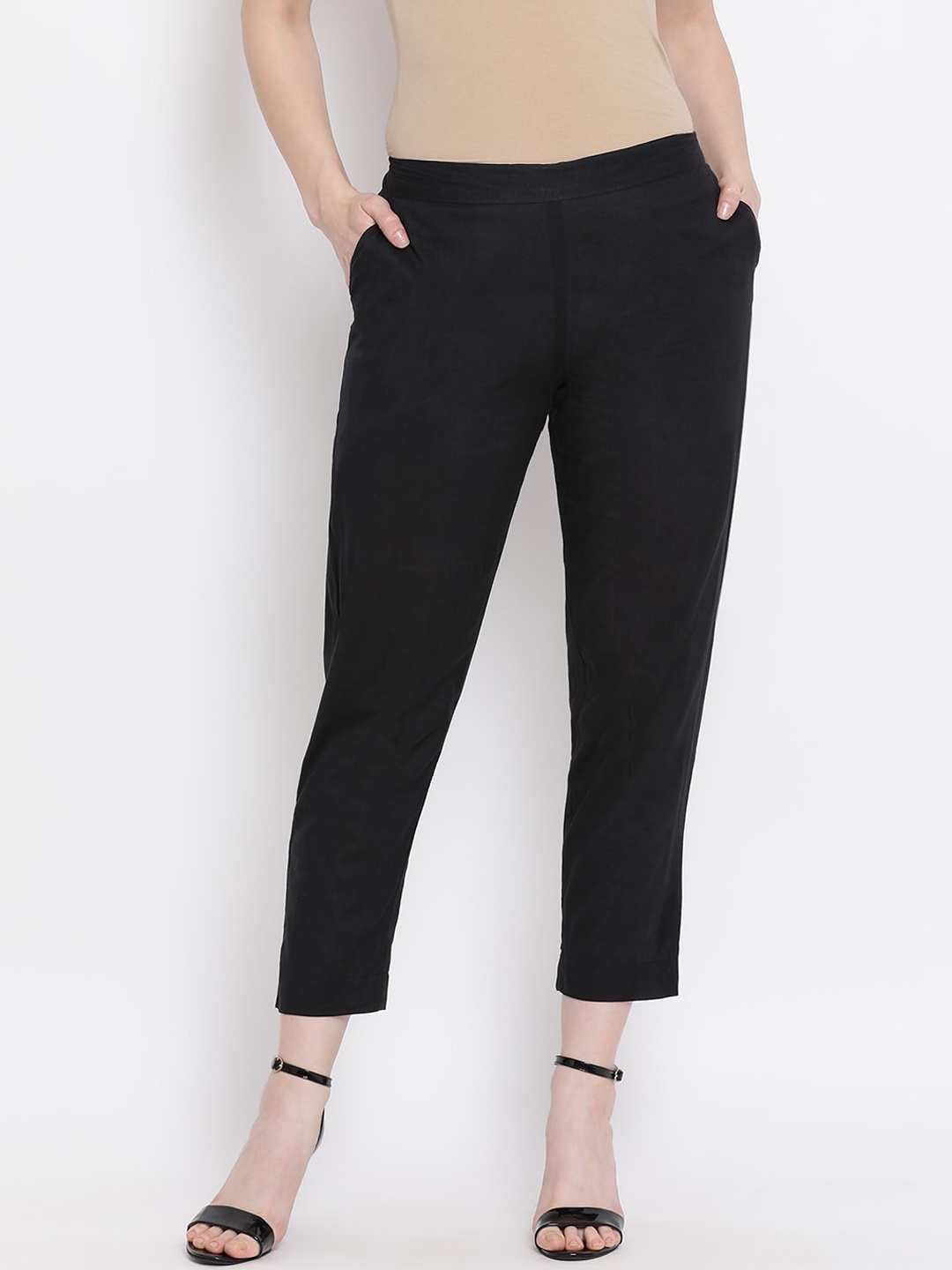 

FABNEST Women Black Regular Trousers Regular Trousers