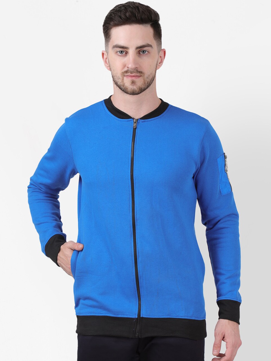 

PAUSE SPORT Men Blue Cotton Antimicrobial Front-Open Sweatshirt