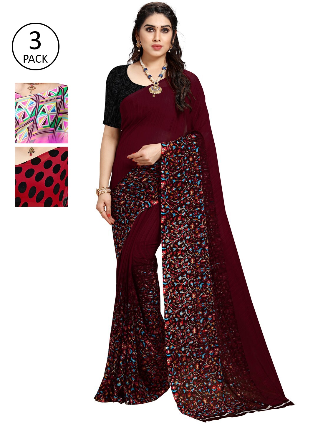 

KALINI Pack of 3 Printed Sarees, Pink
