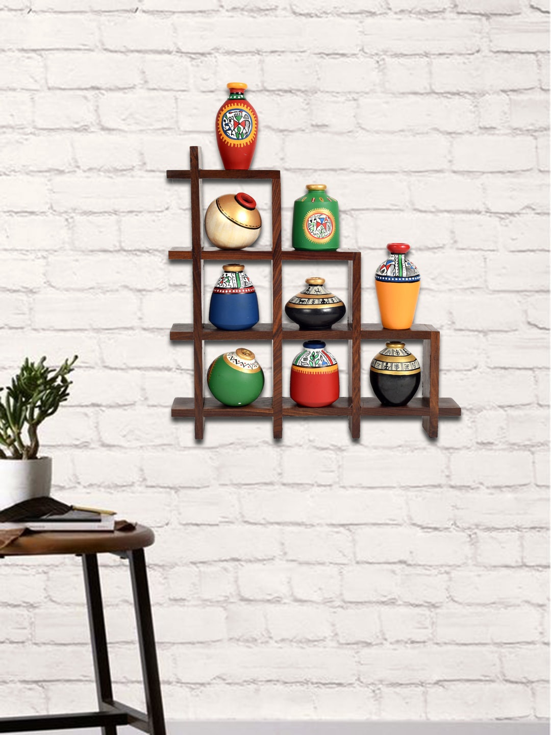 

Unravel India Set Of 9 Multicoloured Warli Pots With Sheesham Wood Frame, Multi