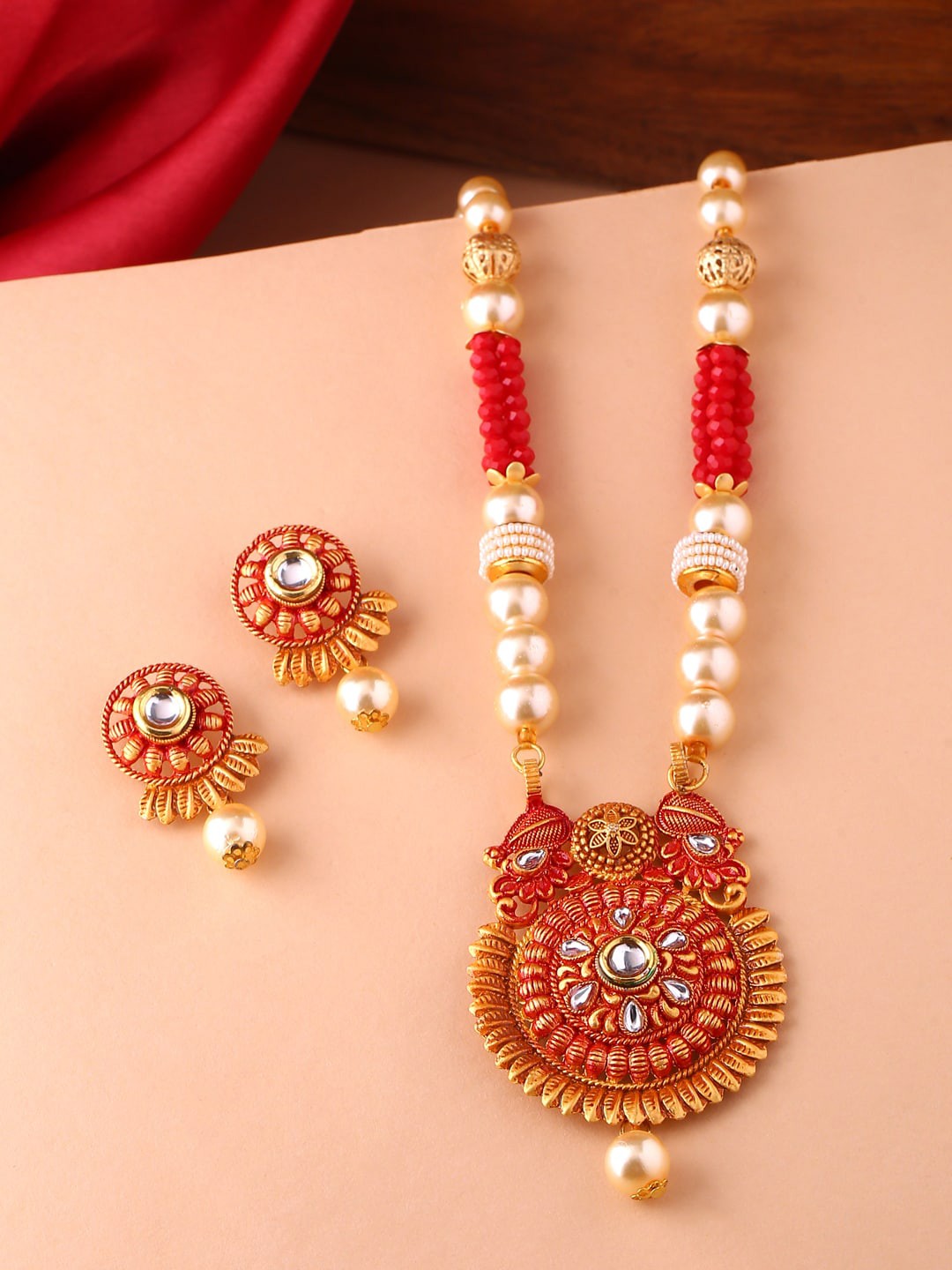 Shoshaa Gold-Plated Red & White Stone-Studded & Beaded Hand Painted Jewellery Set