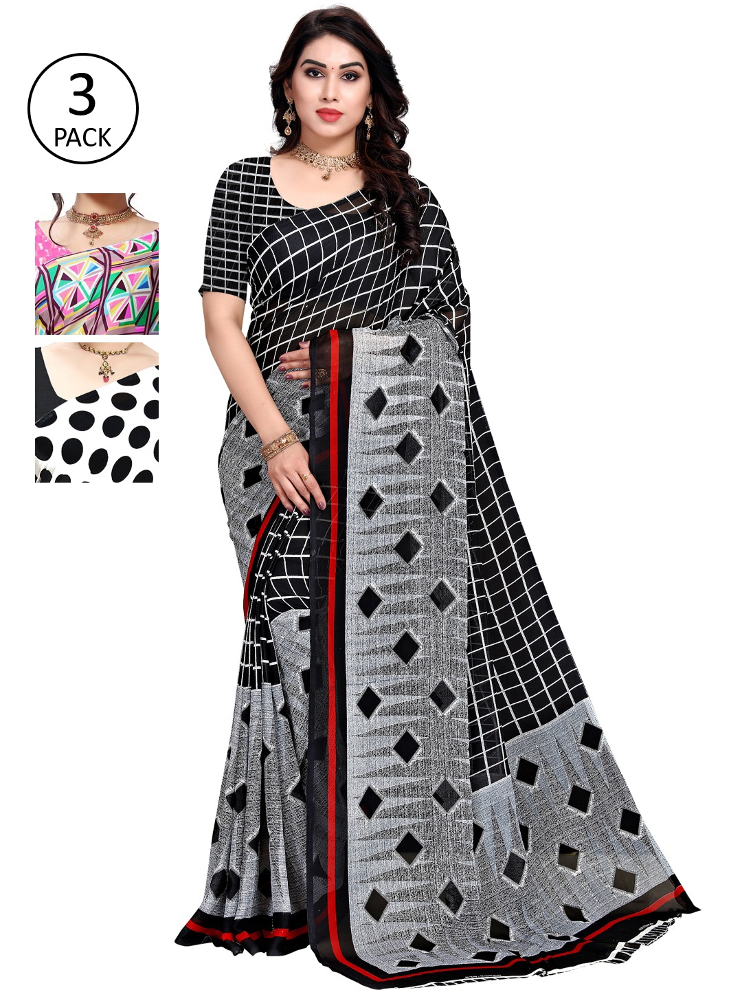 

KALINI Pink & Red Pack of 3 Saree