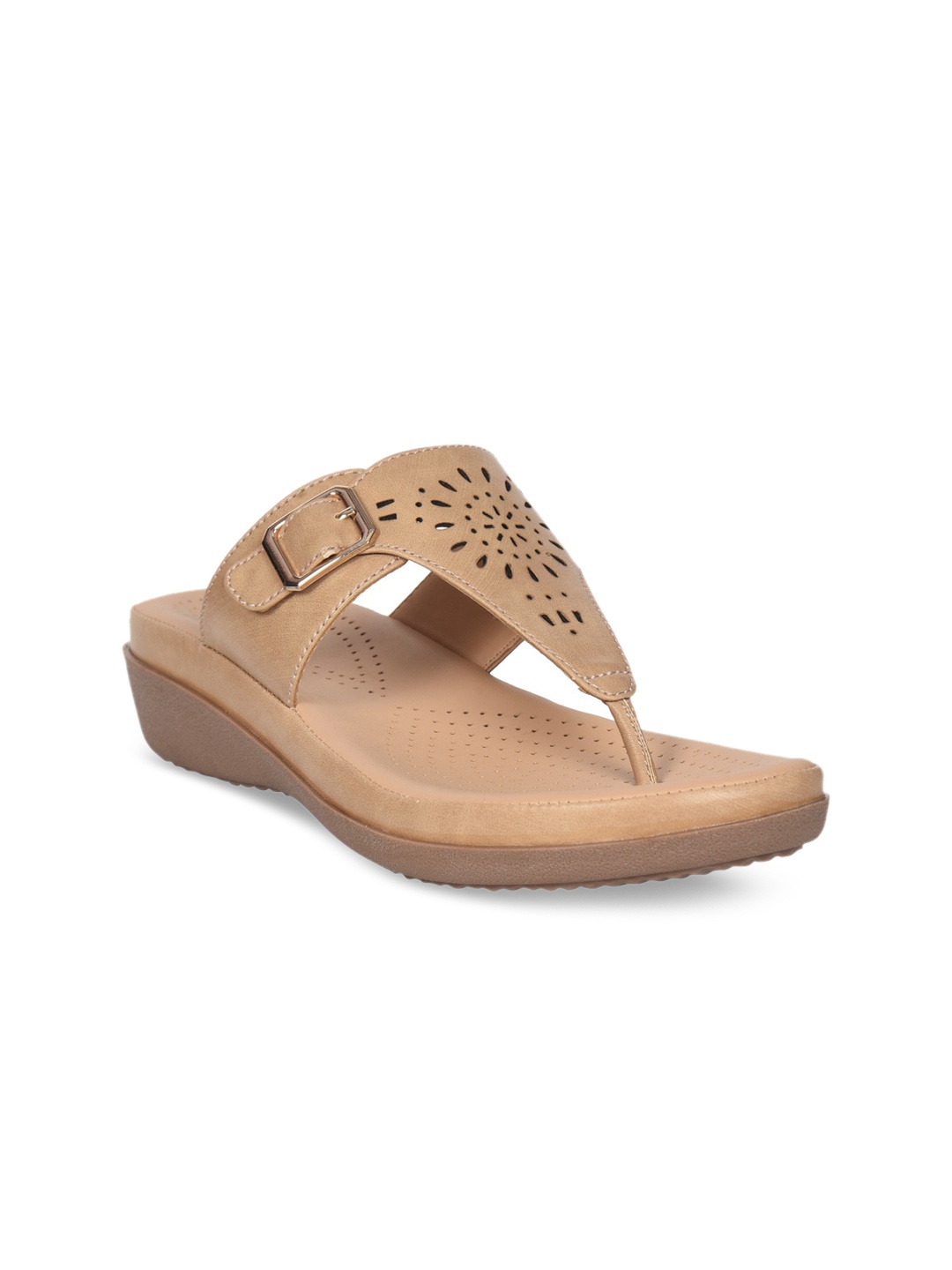 

Ajanta Women Beige T-Strap Flats With Laser Cuts