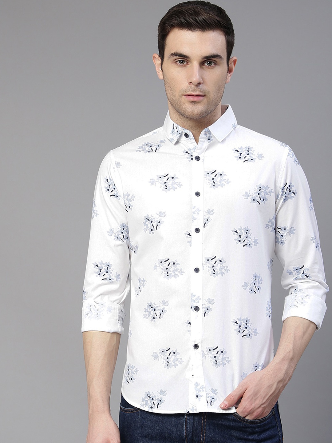 

Dennis Lingo Men White Slim Fit Floral Printed Casual Shirt