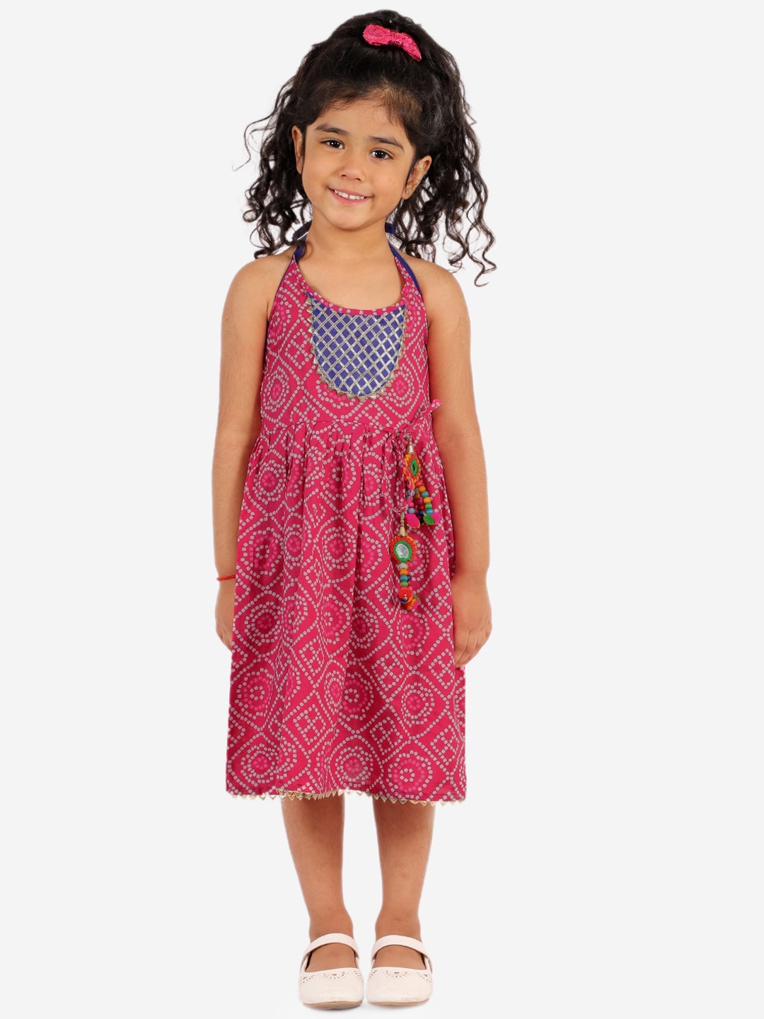 KID1 Girls Pink & Navy Blue Ethnic Motifs Bandhani Design Halter Neck A-Line Dress
