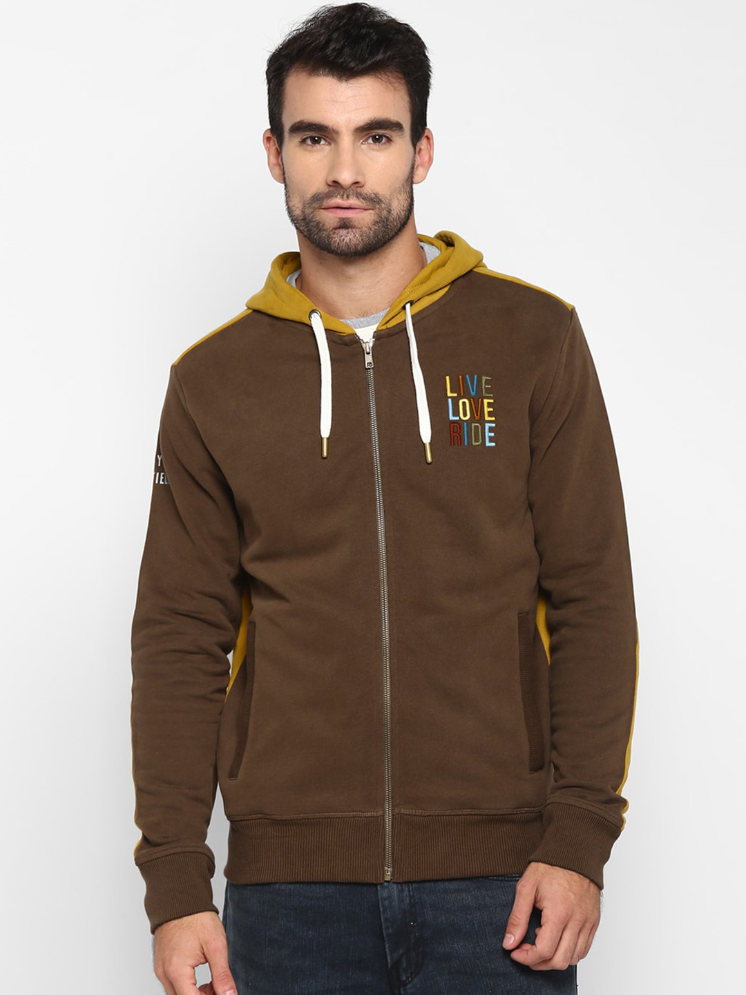 

Royal Enfield Men Brown & Yellow Solid Hooded Sweatshirt