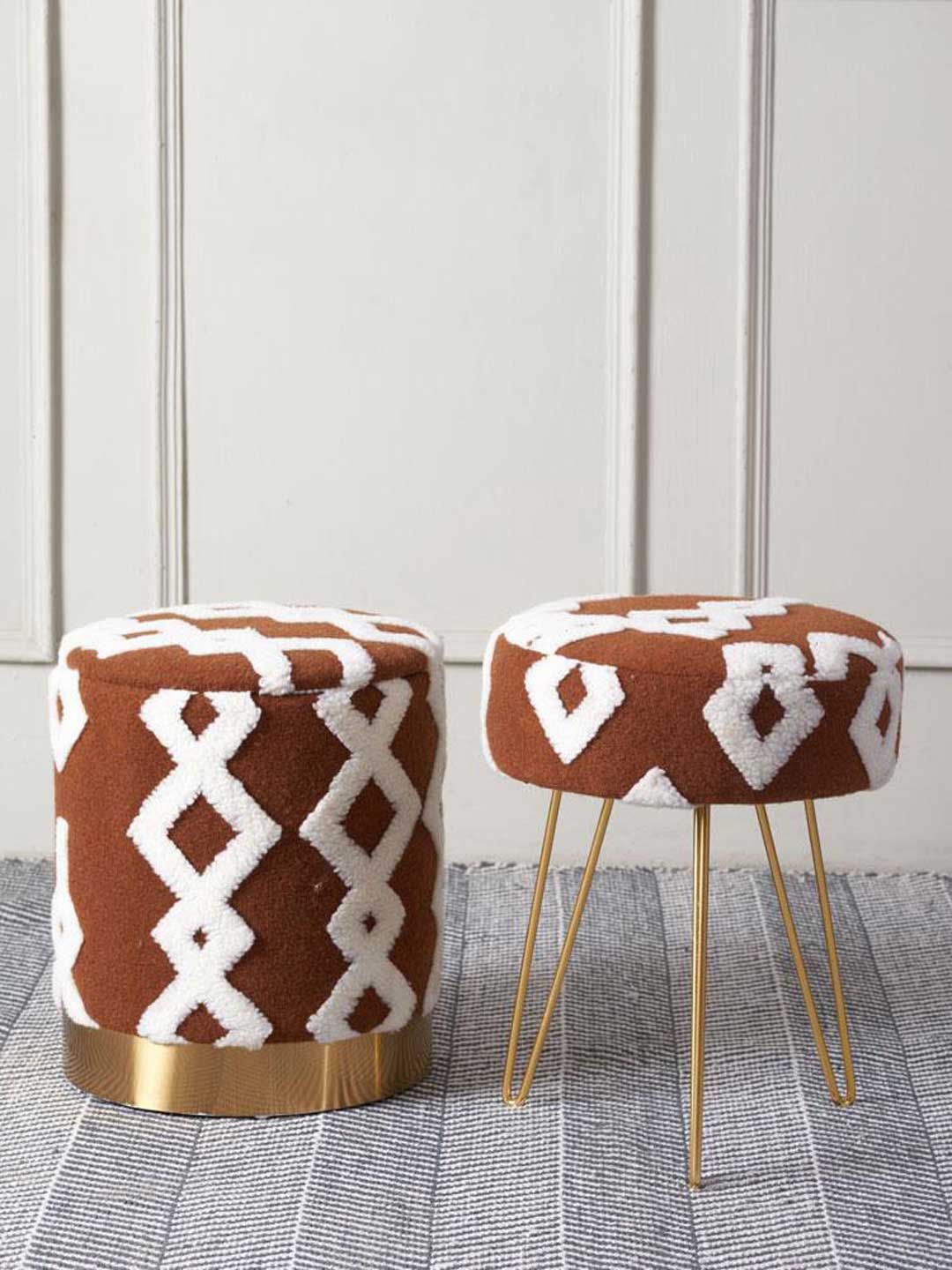 

THEDECORKART Set Of 2 Brown & White Embroidered Storage Ottoman & Stool Set