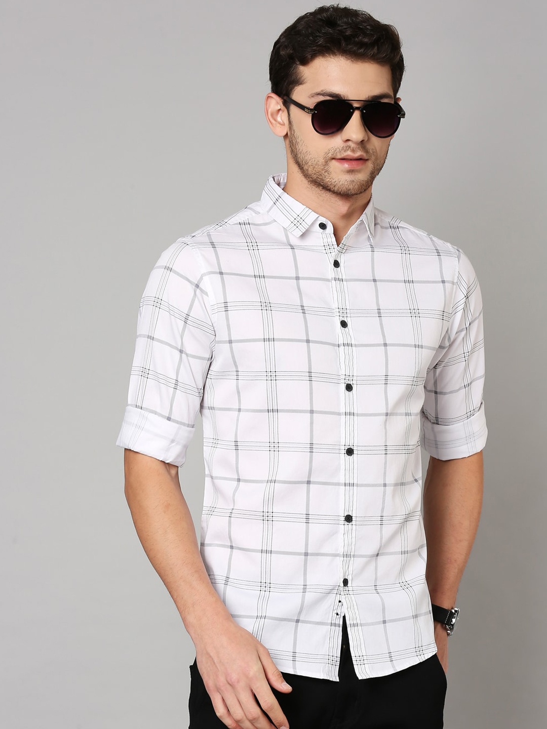 

Dennis Lingo Men White Cotton Slim Fit Checked Casual Shirt