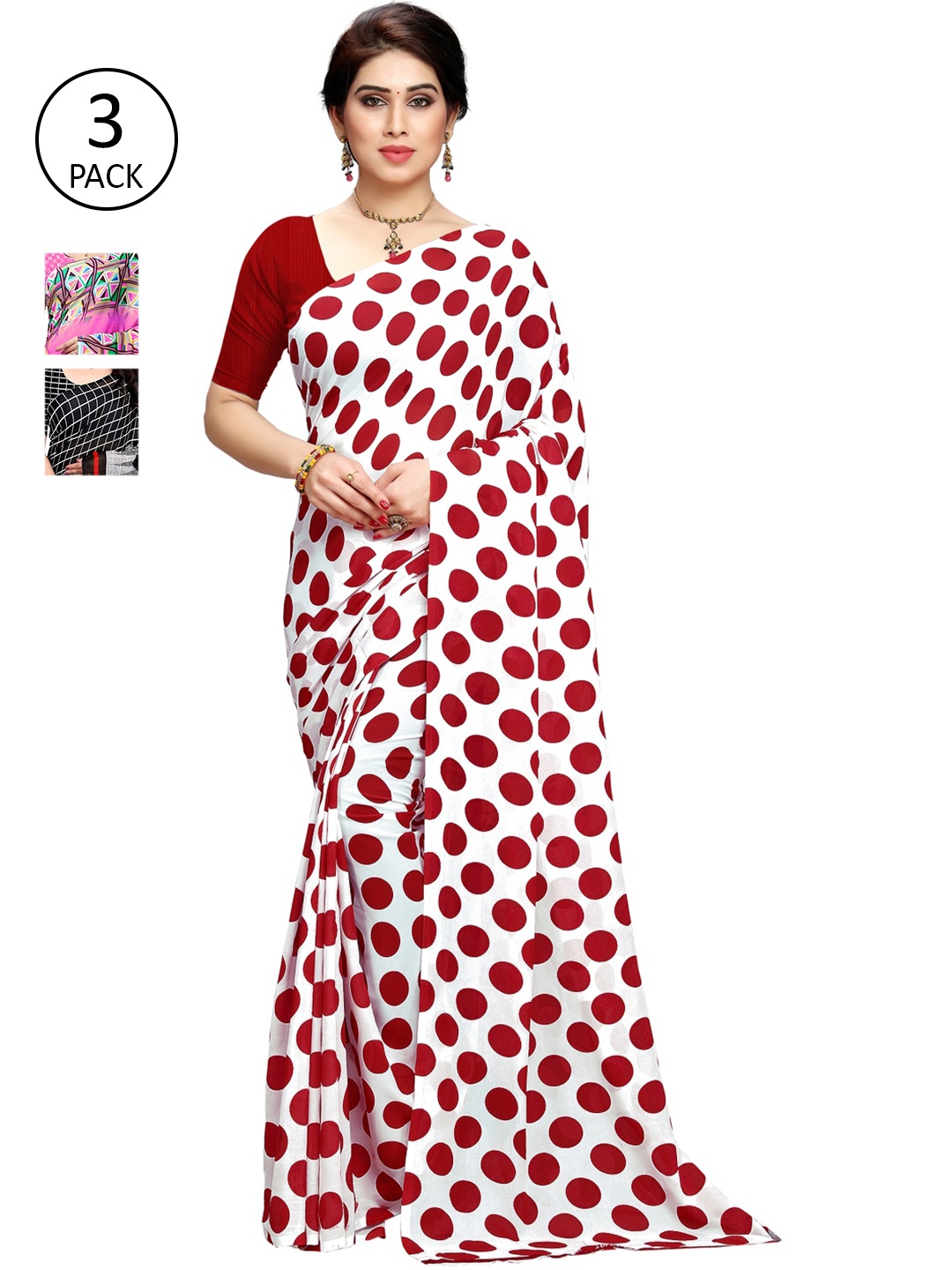 

KALINI White & Red Pack of 3 Printed Saree
