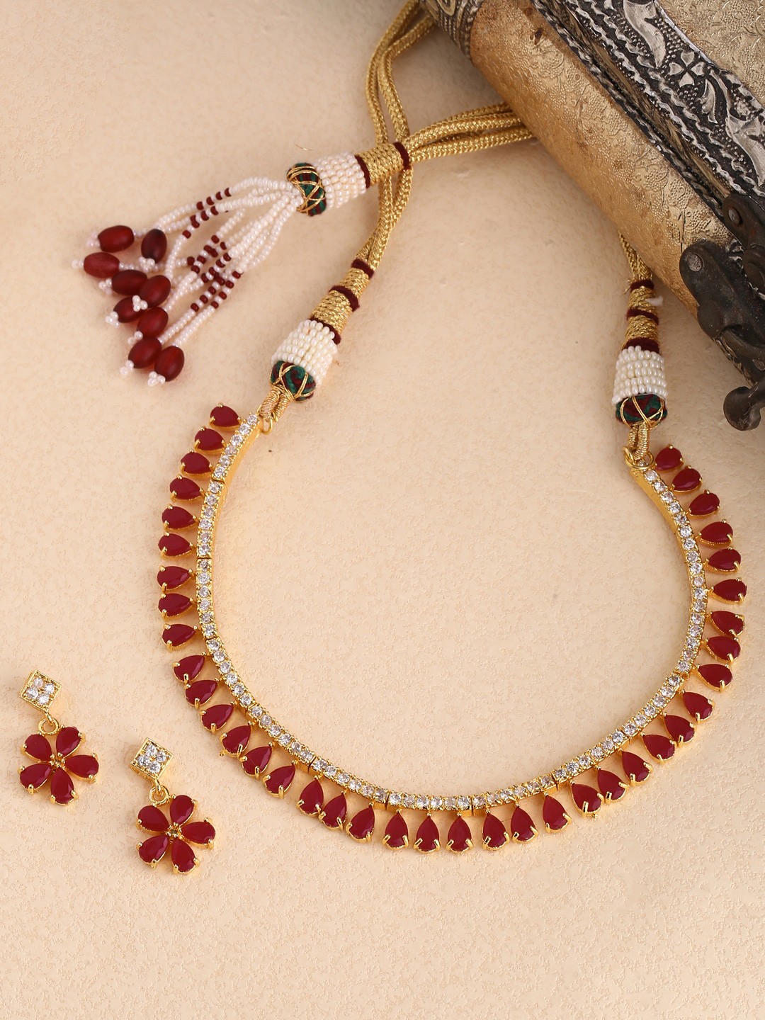 

Shoshaa Gold-Plated White & Maroon Stone-Studded Handcrafted Jewellery Set
