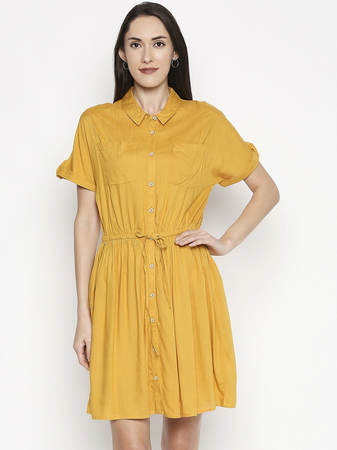 People Yellow Solid Above-Knee Shirt Dress
