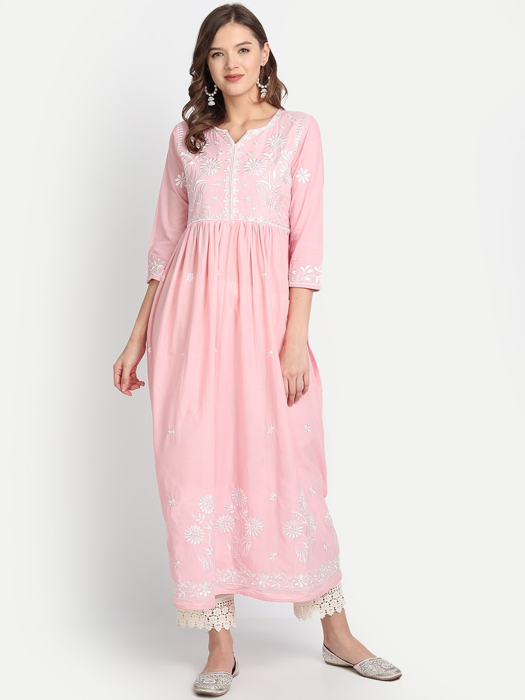 

Anubhutee Women Pink Floral Yoke Design Pleated Pure Cotton Kurta with Trousers