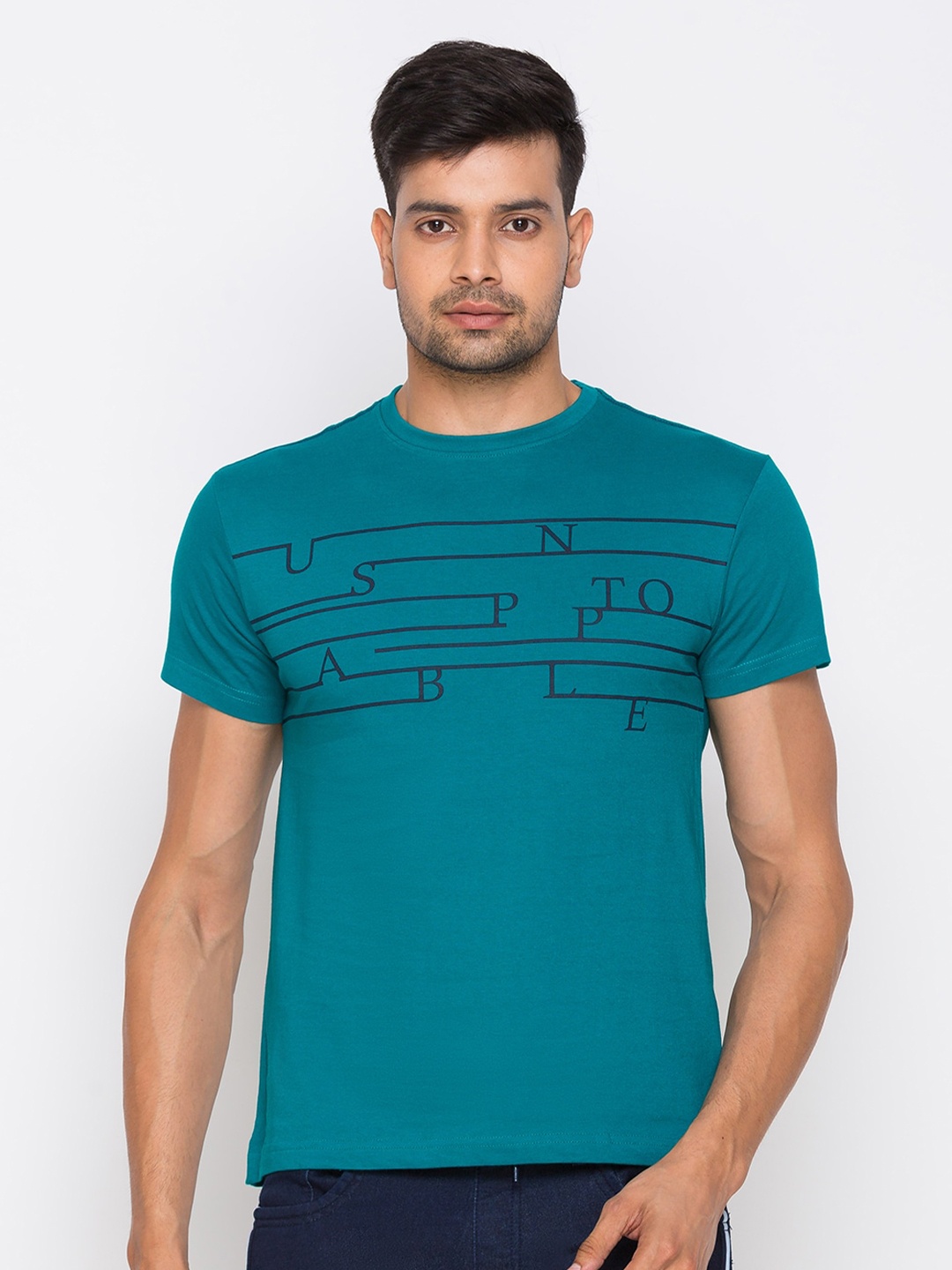 

Globus Men Teal Typography Printed Cotton Pure Cotton T-shirt