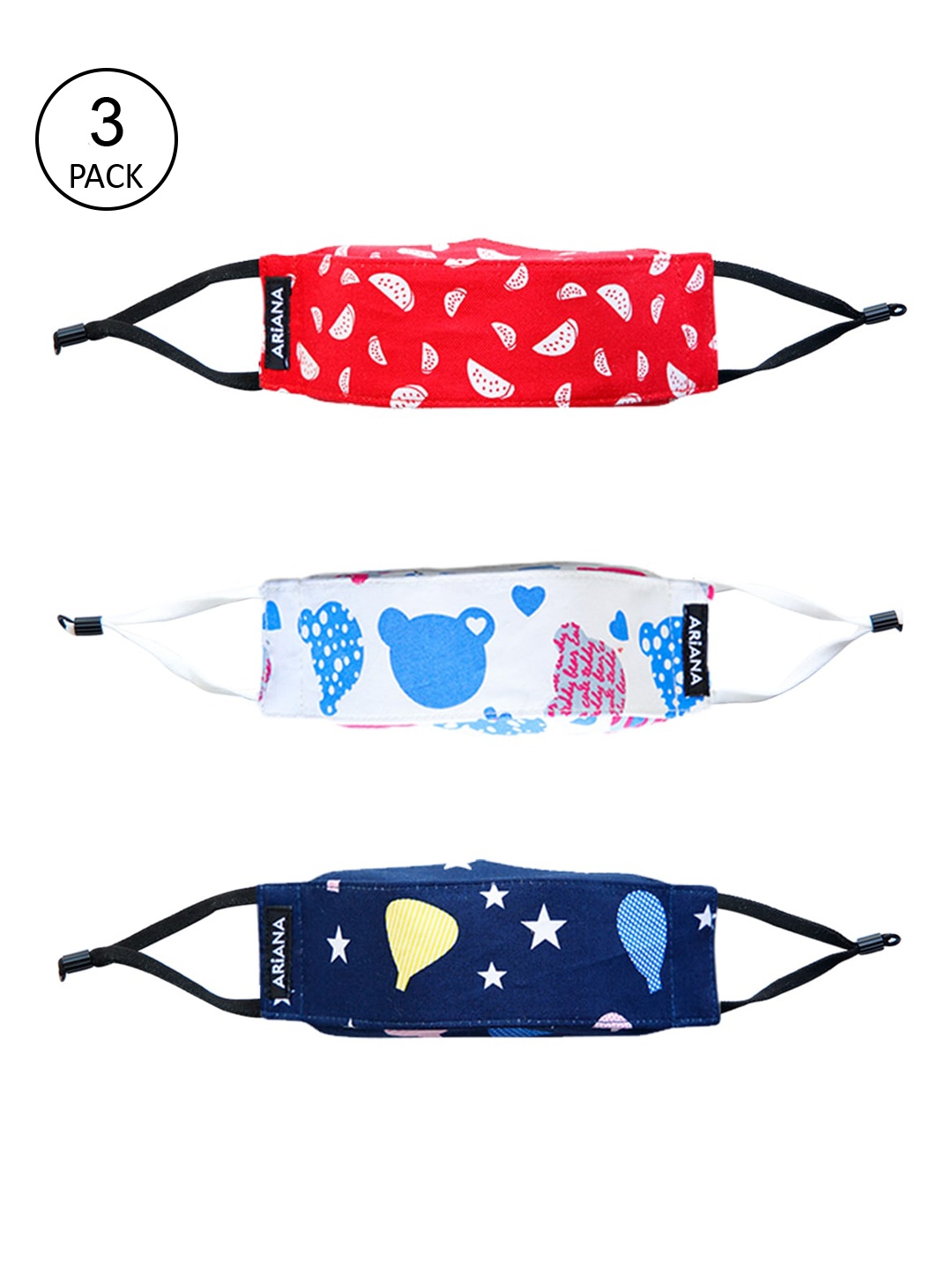 Ariana Kids Pack Of 3 Printed Cotton 7-Ply 3D Kids Reusable Cloth Face Masks, Red
