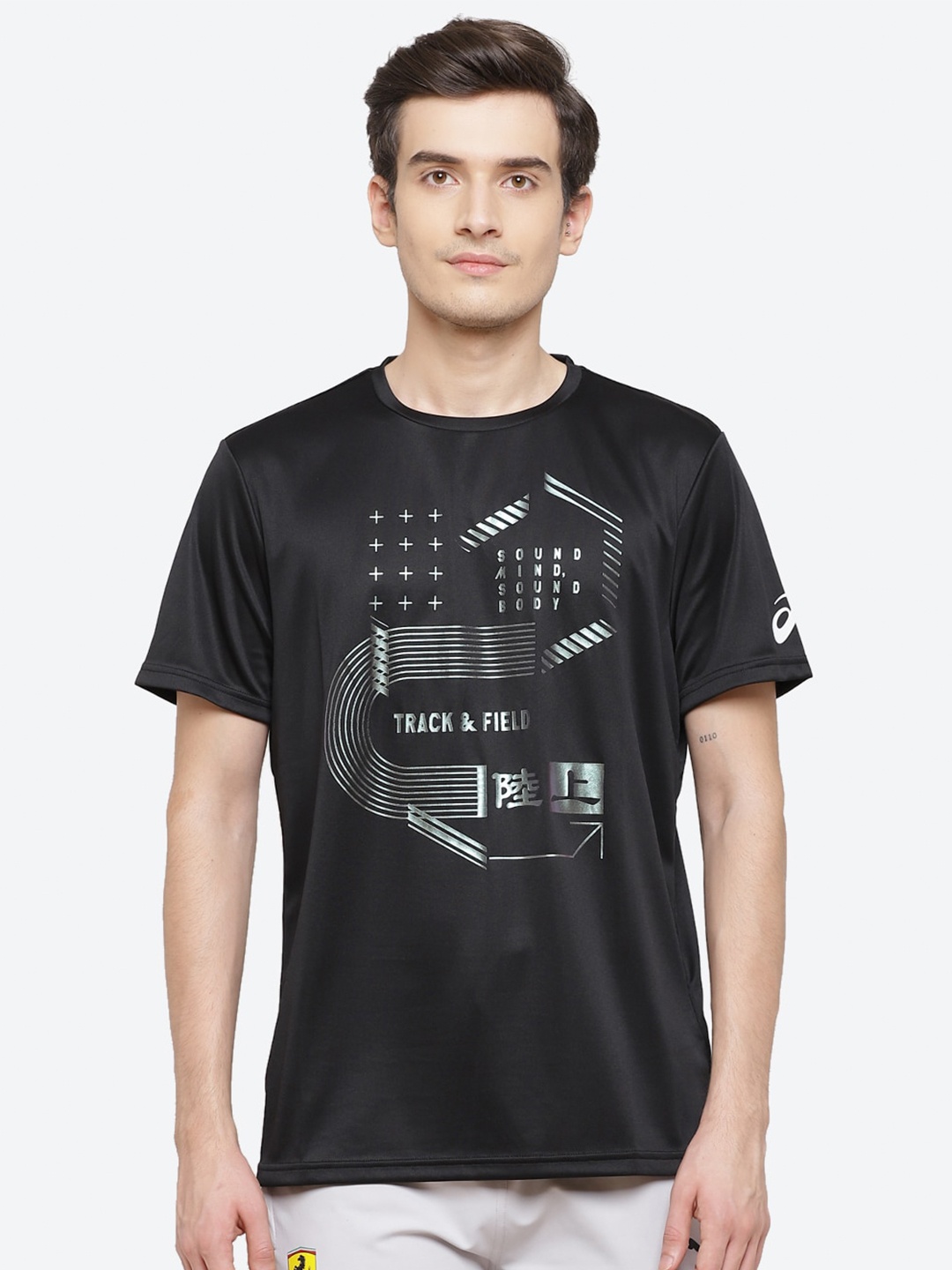 

ASICS Kanji SS Men Black Digital Typography Printed Raw Edge Training T-shirt