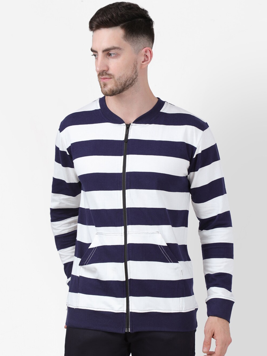 

PAUSE SPORT Men Blue Striped Front Zip Kangaroo Pocket Sweatshirt