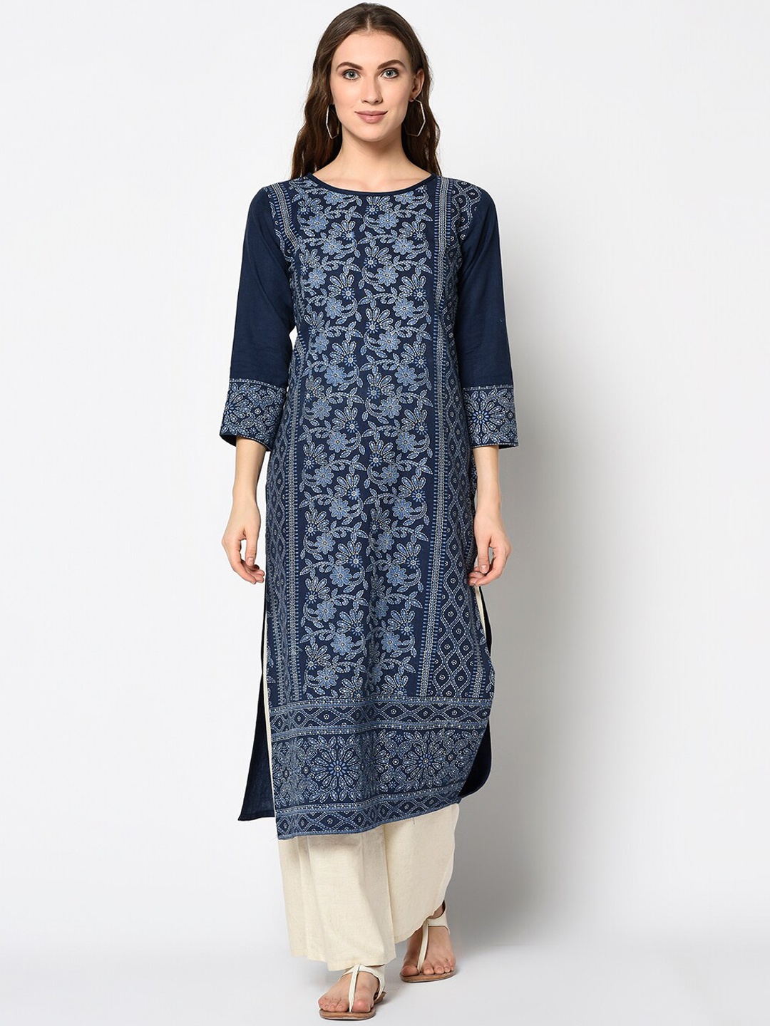 

Kvsfab Women Navy Blue Ethnic Motifs Printed Thread Work Kurta