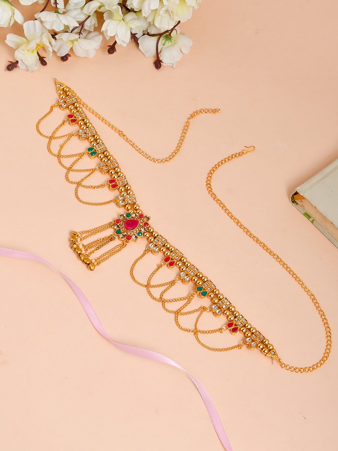

Silvermerc Designs Gold-Plated Red & Green Stone-Studded & Beaded Kamarbandh