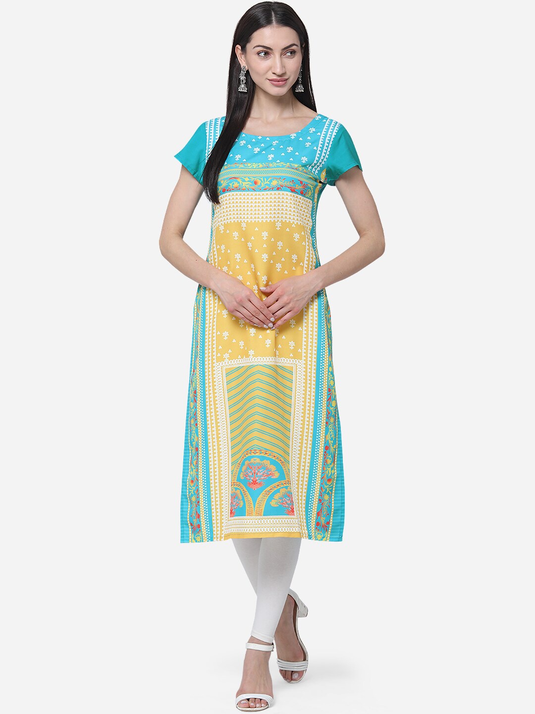 

Kvsfab Women Yellow Tribal Printed Crepe Kurta