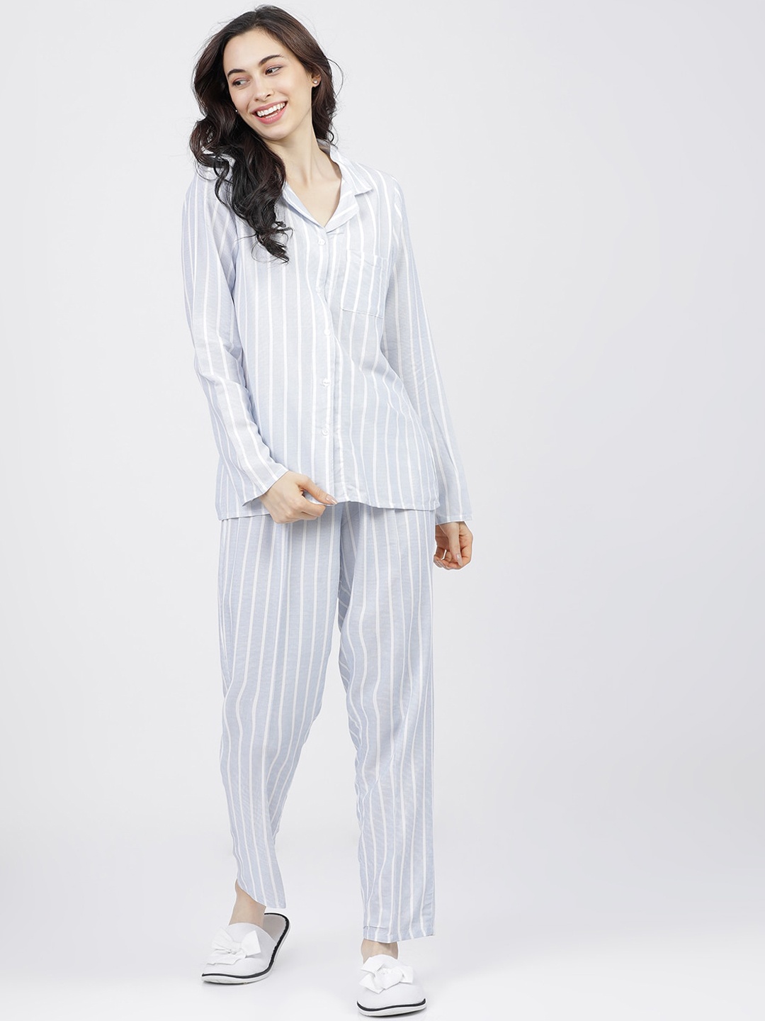 

Tokyo Talkies Women Blue & White Striped Night suit