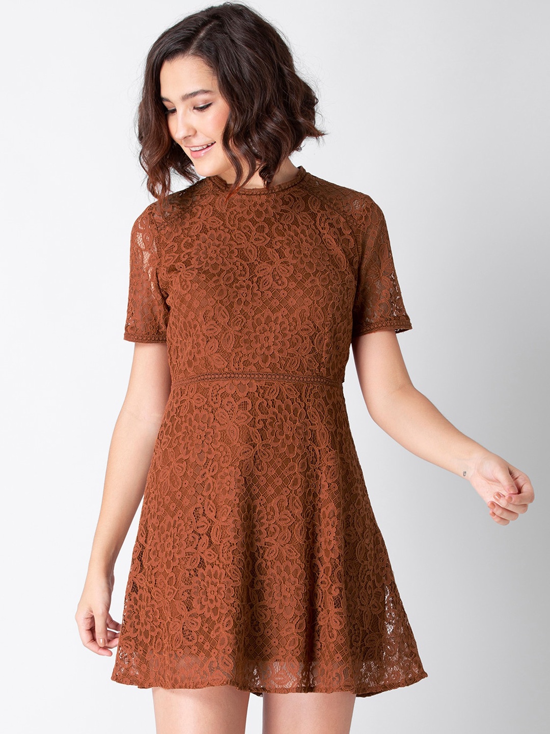 

FabAlley Brown Floral Self Design Lace Midi Dress