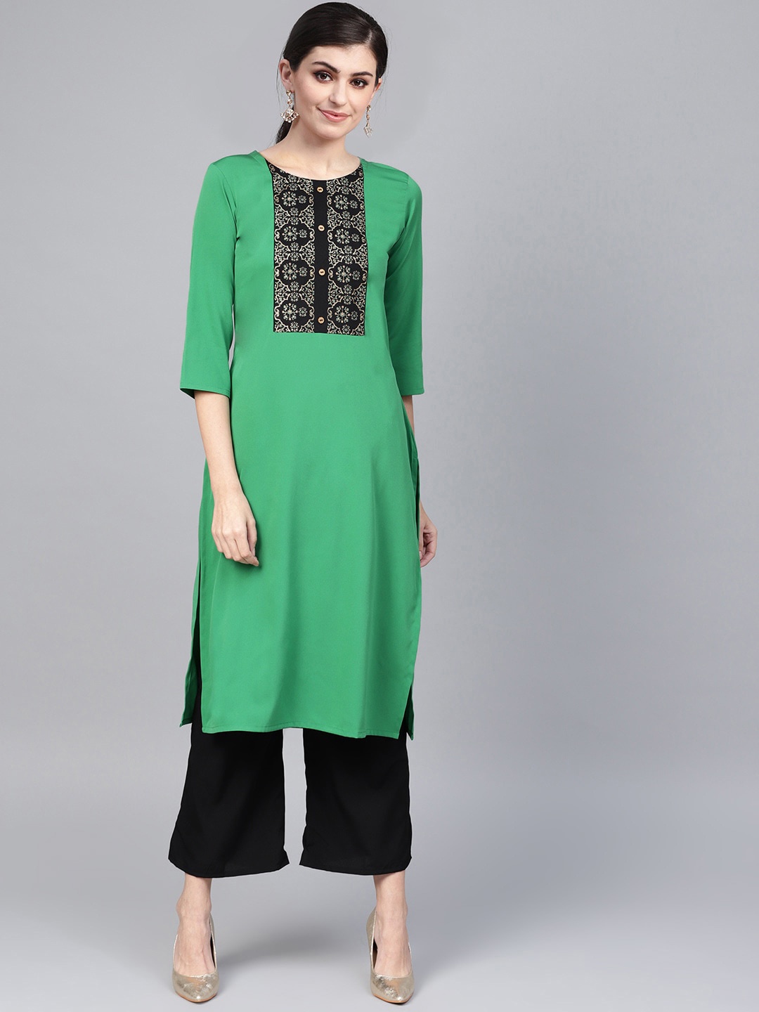 

ZIYAA Women Green Ethnic Motifs Yoke Design Foil Print Kurta with Palazzos