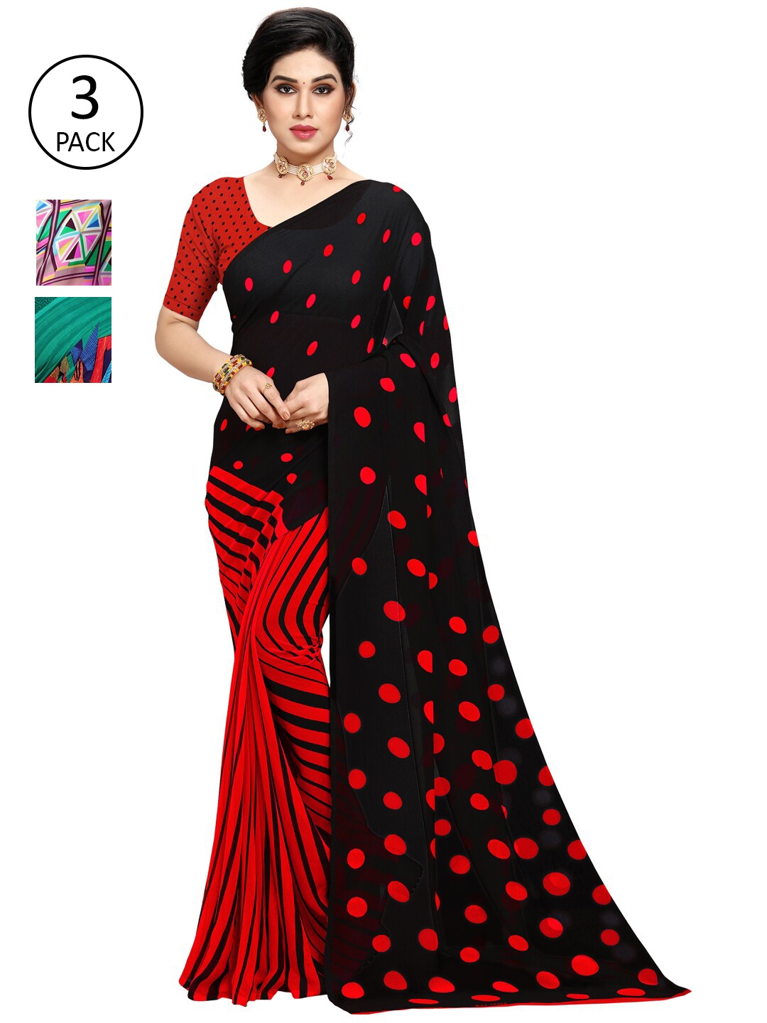 

KALINI Pack of 3 Poly Georgette Saree, Pink