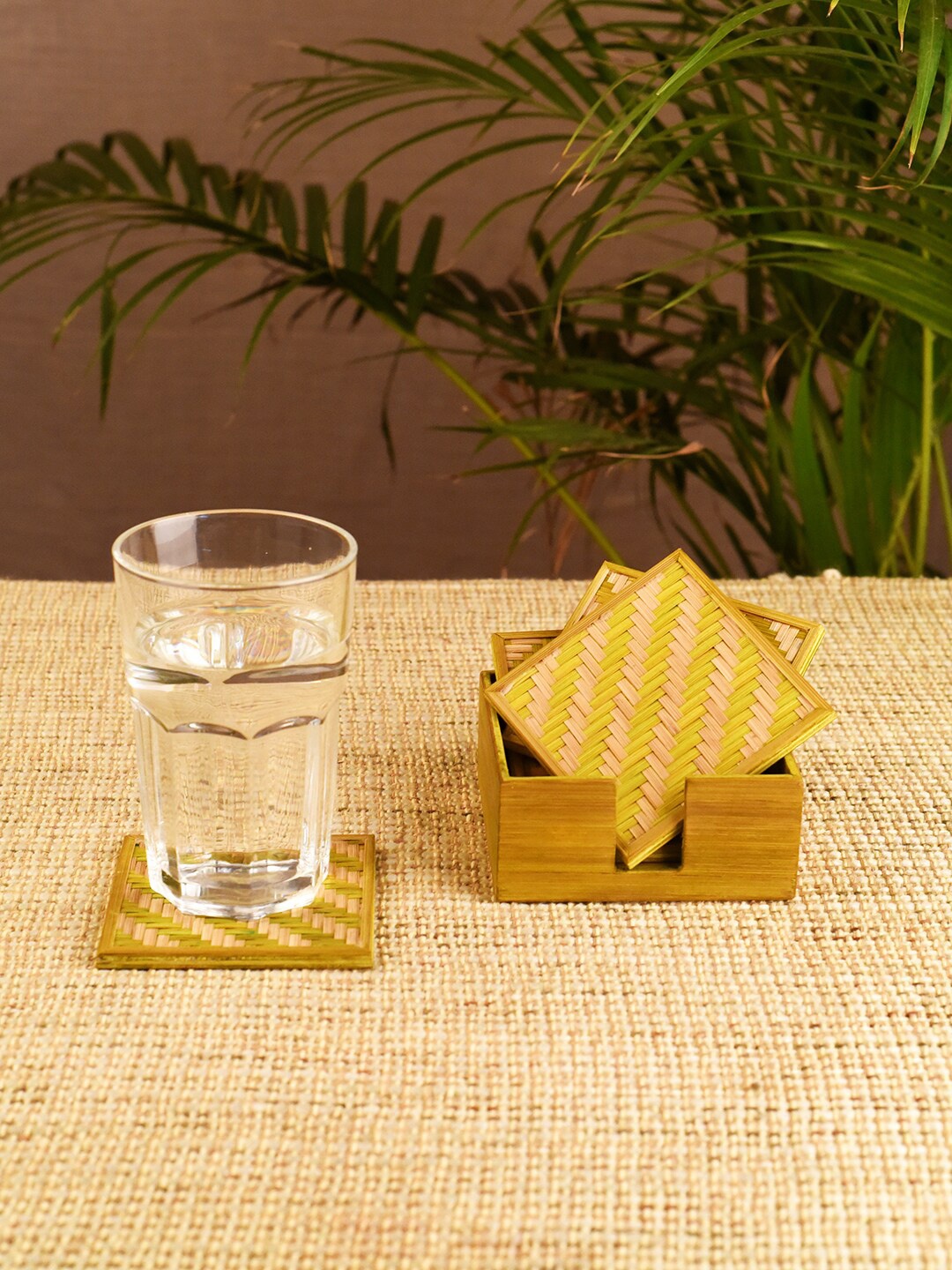 

Unravel India Set Of 6 Yellow & Beige Handmade Square Bamboo Coasters With Holder