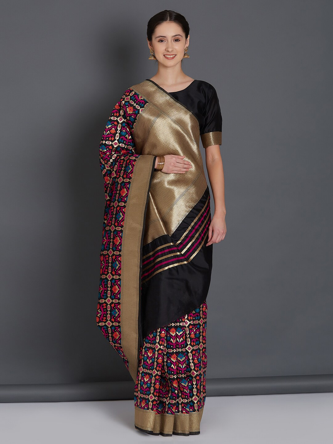 

Mitera Black & Pink Ethnic Motifs Silk Blend Banarasi Saree