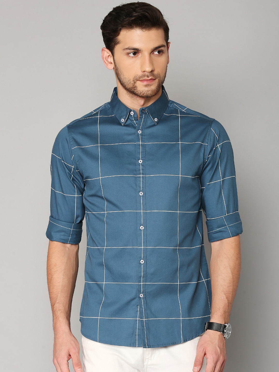

Dennis Lingo Men Blue Slim Fit Windowpane Checks Checked Cotton Casual Shirt