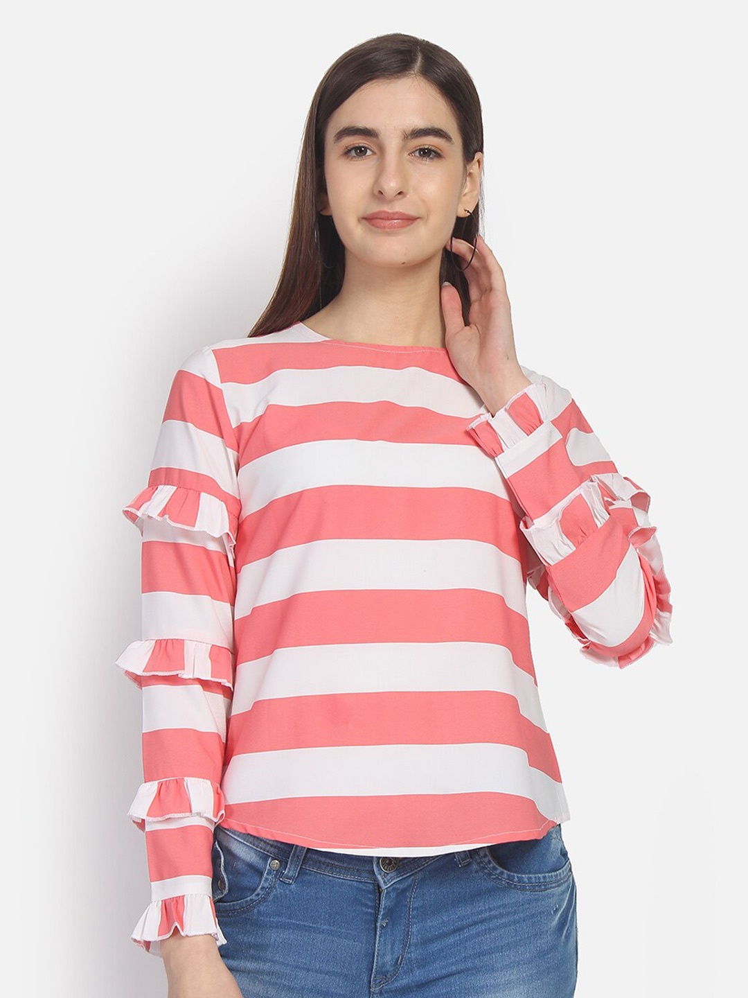 

Yaadleen Pink & White Striped Crepe Regular Top