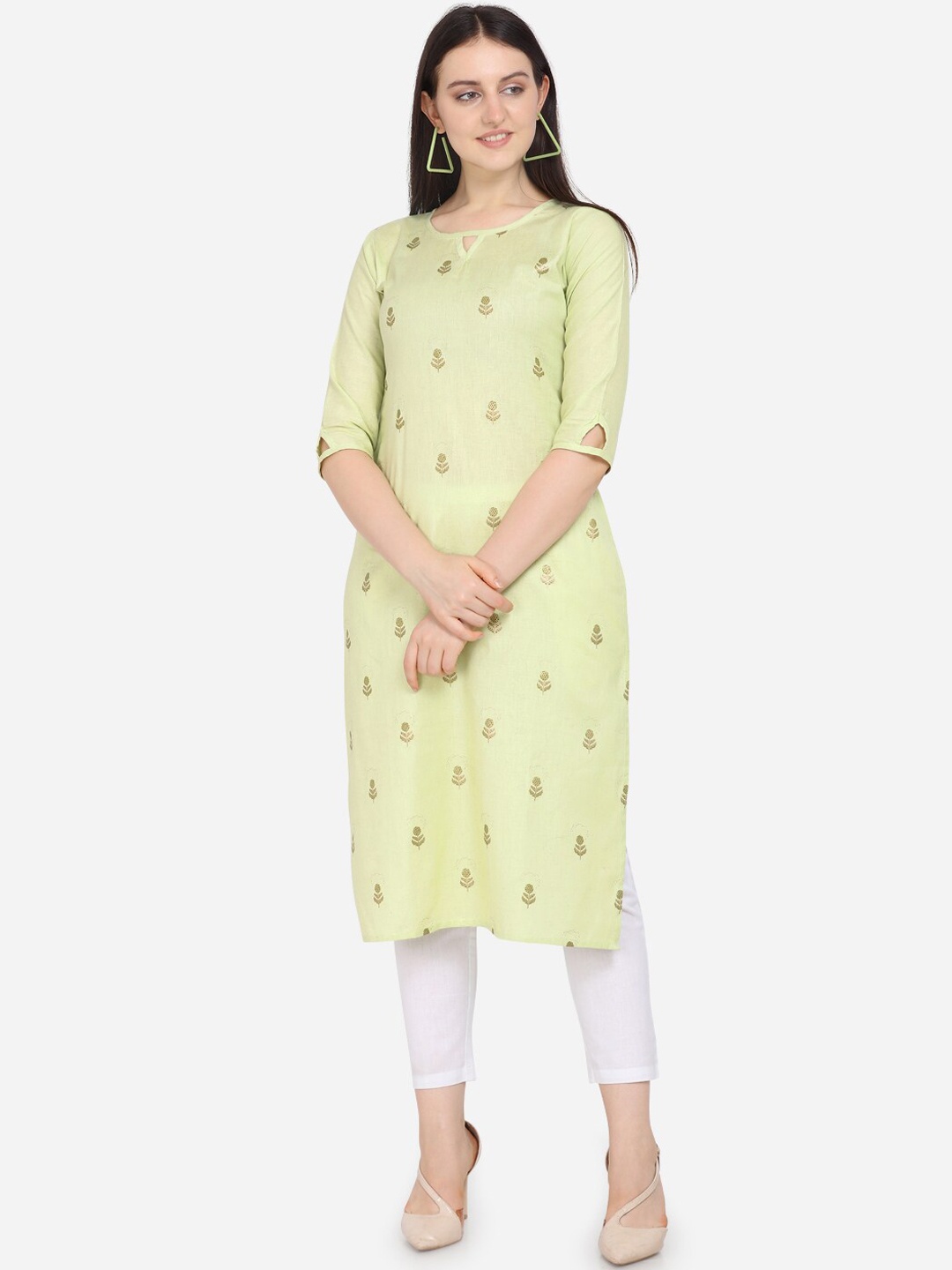 

Kvsfab Women Lime Green & Brown Ethnic Motifs Printed Keyhole Neck Straight Kurta