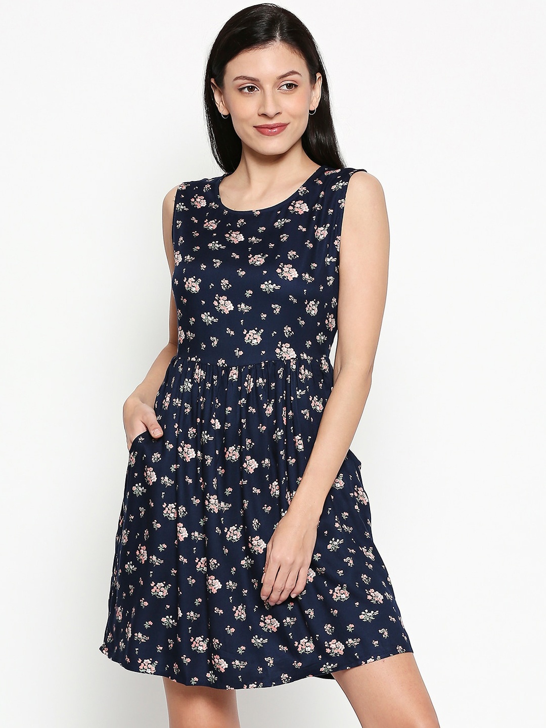 

People Women Navy Blue Floral Printed Fit & Flare Dress
